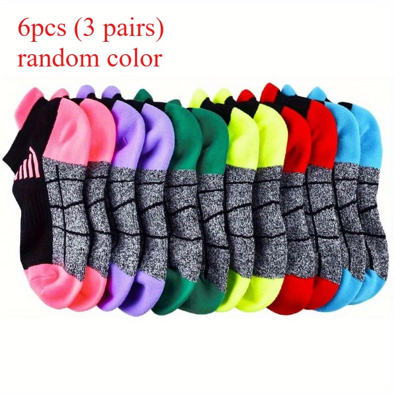 TEMU Women's Sports Socks 6pcs (3 Pairs) Random Color, Geometric Pattern, Multiple Colors Optional, Suitable For Running, Cycling, Hiking, Outdoor Sports, Spring And Summer Models
