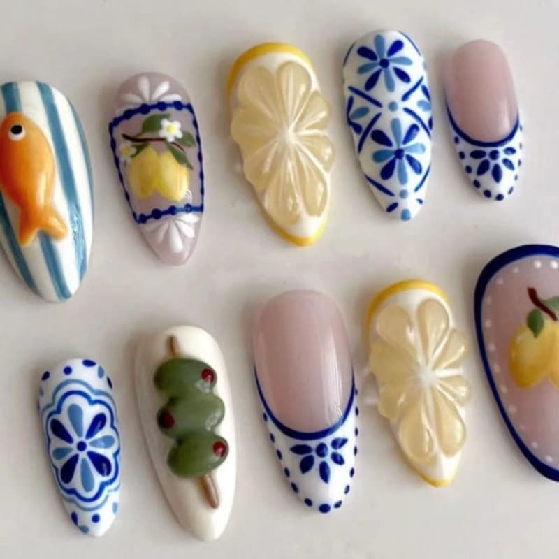 TEMU 24pcs New Handmade Glue- Nail Art Almond Press-on Nails, Cross-border European And American Removable False Nails