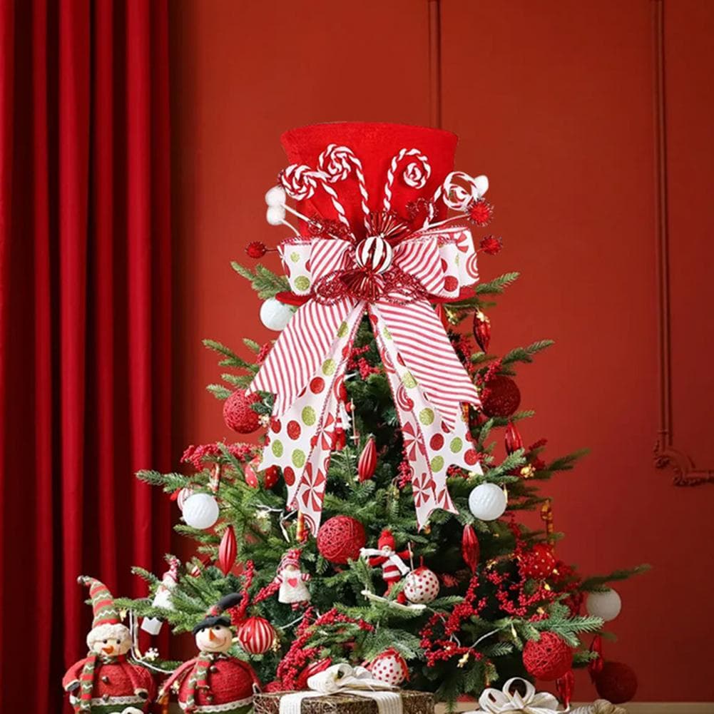TEMU Christmas Tree Topper Hat Collapsible Top Formal Hat With Striped Ribbon Bows Decoration Hat For Home Holiday Party