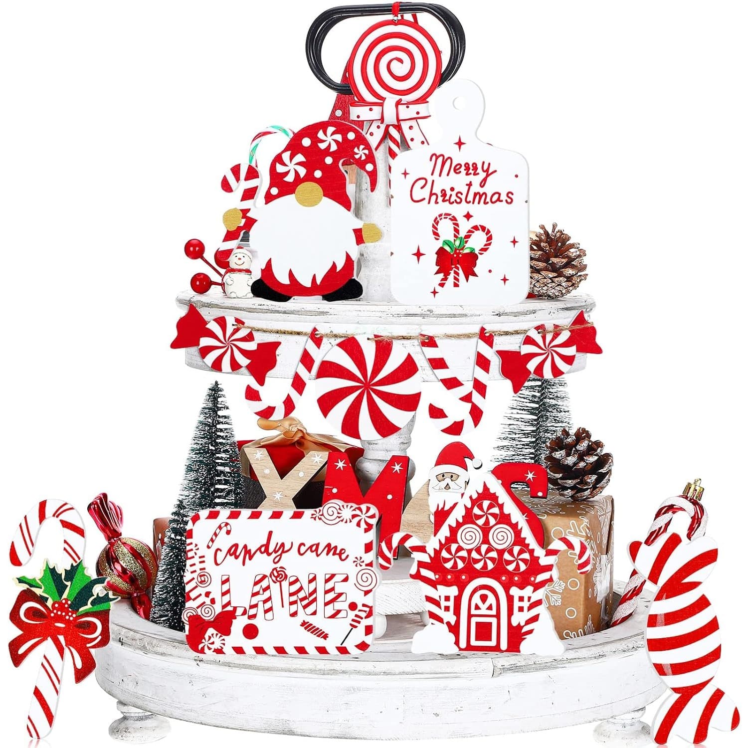 TEMU 12pcs Christmas Candy Cane Tiered Tray Decor Red White Winter Farmhouse Christmas Wooden Signs Decoration For Table Fireplace Decorative Sign, Plaque