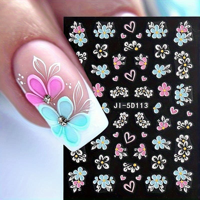 TEMU 6 Sheets 5d Embossed Floral Nail Stickers | Petals Acrylic Spring Summer Floral Sliding Nail Decorations Nail Art With Rhinestones And Shimmery End
