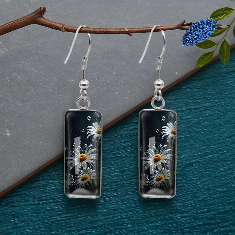 TEMU A Pair Of Fashionable Square-shaped Earrings Featuring Daisies In , Handcrafted From Glass, Without Battery