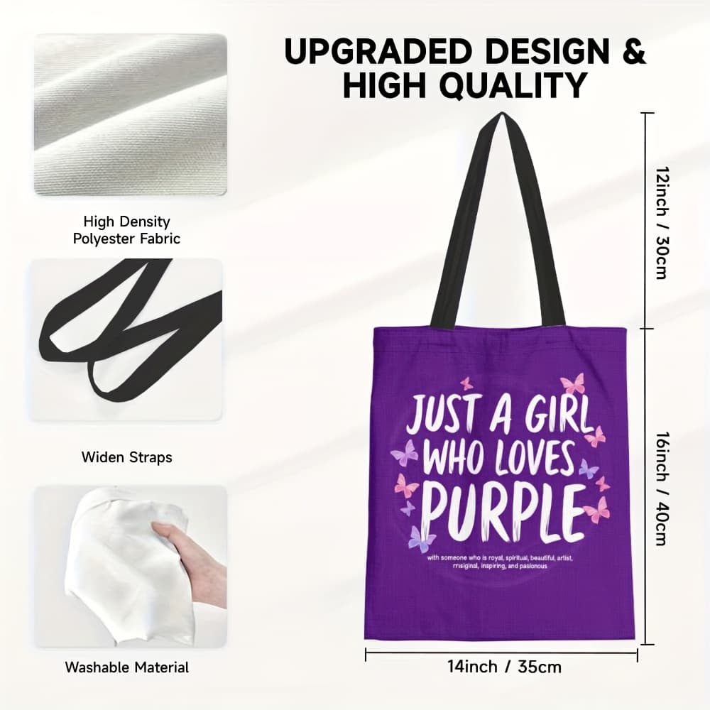 TEMU 1pc Purple Print Tote Bag | Lightweight Reusable Shoulder Bag With Inspirational Quote "just A Who Purple" - Perfect For Shopping, Multi-functional Use, Ideal Gift For Women, Gift Bag |
