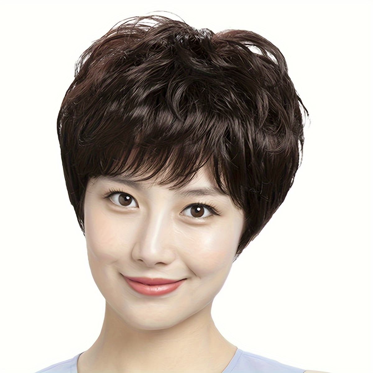 TEMU Women's Short Dark Brown Wig - Elegant And Stylish Women's Short Cut Wig, Easy To Style Synthetic Hair, Everyday Wear, Business Trips, Holiday Parties And Shopping, Breathable Mesh, Wig