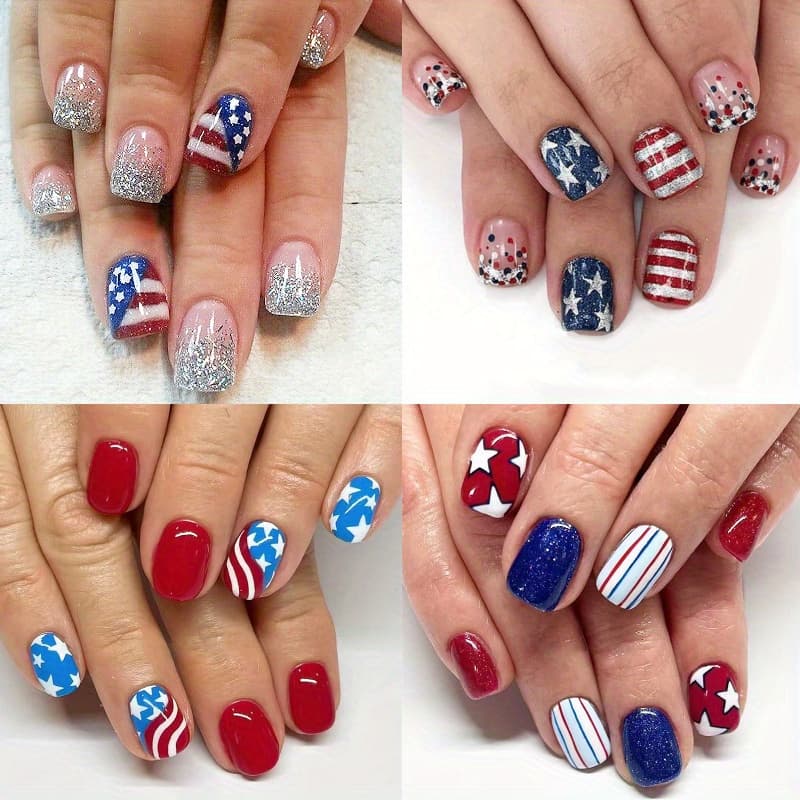 TEMU 96pcs (4pcs) Press On Nails - Patriotic Glitter Stars & , Glossy Short Square Fake Nails With Easy Application For Women, Day Manicure Art, Cute Nails