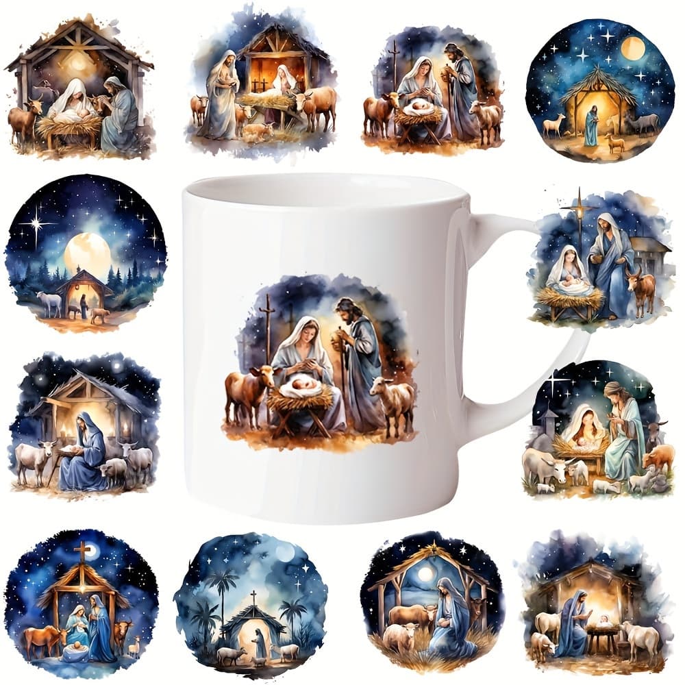 TEMU 12pcs/set Jesus Birth Christmas Scene Picture Diy Glass Bottle Packaging Stickers Garland Coffee Cup Uv Dtf High Self-adhesive Packaging Transfer Decoration Stickers Mug