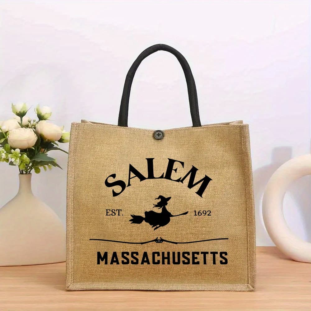 TEMU Linen Tote Bag, Halloween Tote Bag, Trick Or Treat Bag, Tote, Fashionable Handbag, With Closure, Lightweight And Tote; For Daughters, , , An Exquisite Present For Halloween