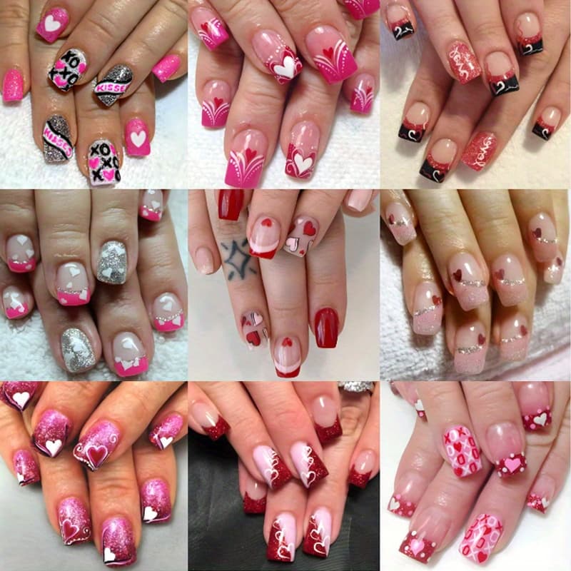 TEMU 216pcs (9pcs)valentine's Day Press-on Short Square False Nails Press-on False Nails Acrylic Nails Glittering Nail Glue Valentine's Day Women's Artificial Nails (short Square )