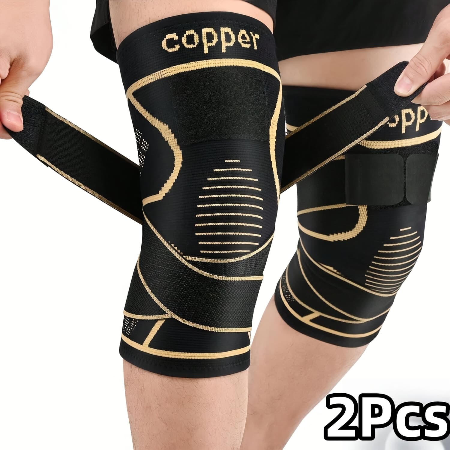 TEMU 2pcs Copper Knee Brace With Strap | Black Compression Sleeve For Stability, Nylon Blend, , Strapfast Closure, Comfortable & Durable, Ideal For Daily Activities - Bdlnkakk