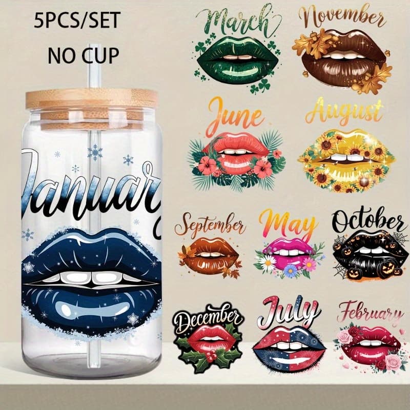 TEMU 5pcs/ Set Month Lips 16oz Glass Jar Transfer Paper Uv Dtf High Self-adhesive Transfer Paper Suitable For Decorating Cups And Bottles