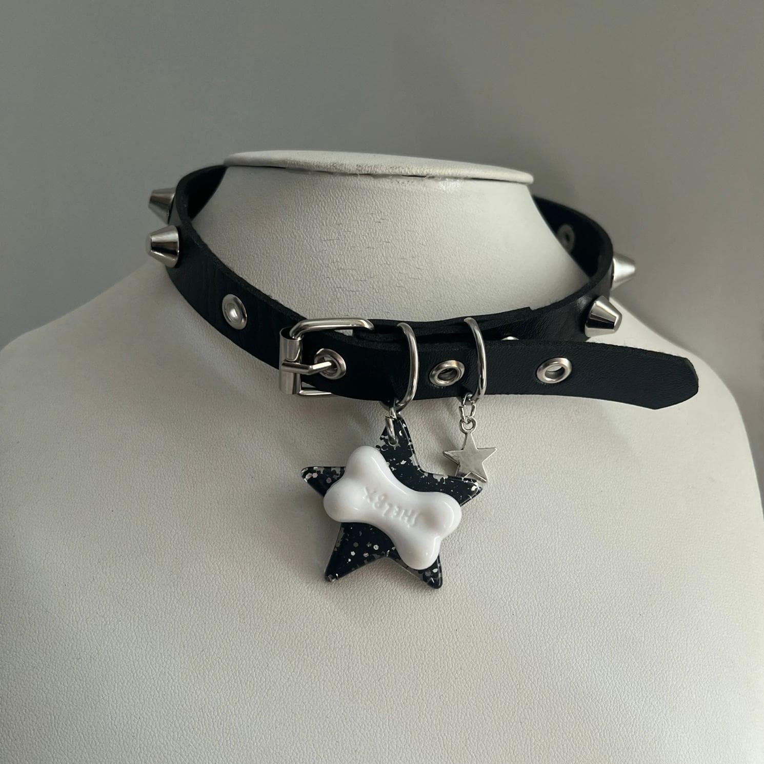 TEMU Adjustable Pu Leather Gothic Choker Necklace Skull & Decoration Punk Rock Necklace Collar-decorative Pendant - Star Bone Pendant