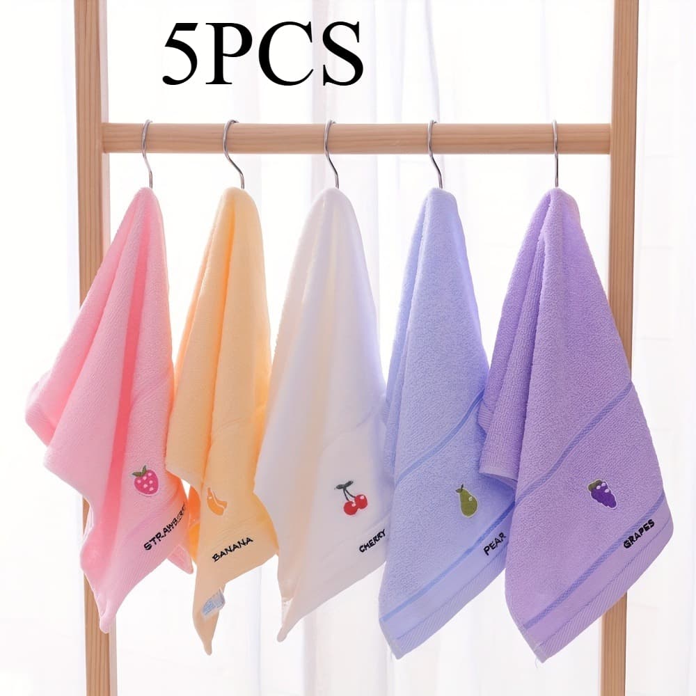 TEMU 5pcs/set White+pink+yellow +blue+purpl Soft Embroidered Fruit Pattern Towel - Water Absorbing Quick Drying Face Wash Towel, Suitable For Bathroom Use
