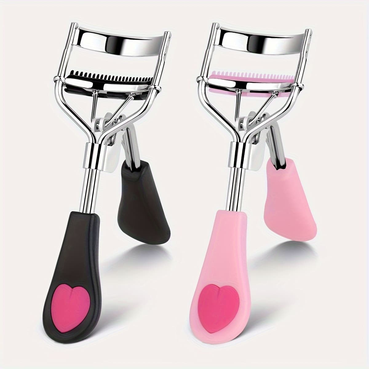 TEMU 2pcs Heart Shaped Eyelash Curler Suit With Comb- Stainless Steel Material, Professional Eyelash Curling Tool, Manual Operation, No Batteries, Hypoallergenic Suitable For All Genders