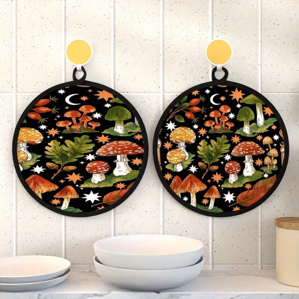 TEMU 2pcs 8*8 Inch Round Pot Holders Mushroom Double Sided Printing Heat Resistant Mats For Hot Dishes, Pots And Pans, Cooking, Grilling, Baking, Tableand Kitchen Decor Gifts Reusable Aj