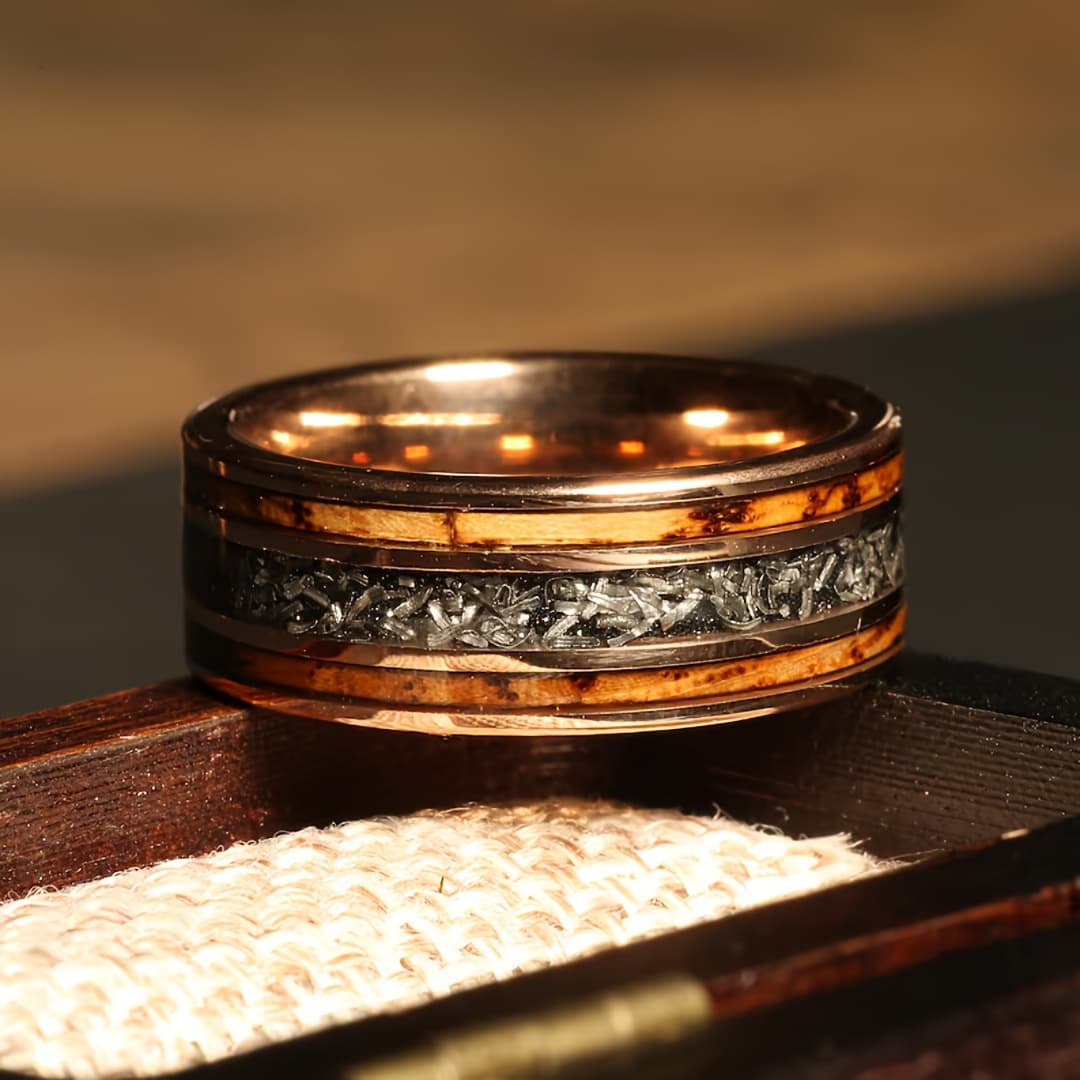 TEMU 8mm Men's Ring, With Meteorite And Burnt Whiskey , Meteorite Ring, Men's Ring In Rose Golden, Whiskey Wedding Ring