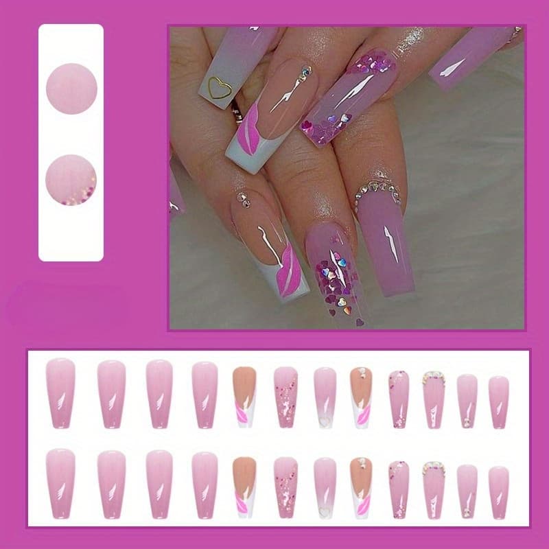 TEMU 24pcspress-on Nail Set Coffin-shaped Pink And Purple Gradient Manicure With Embossed Pattern And Glitter , Comes With Jelly Nail File, Suitable For Daily Wear Or As A Gift