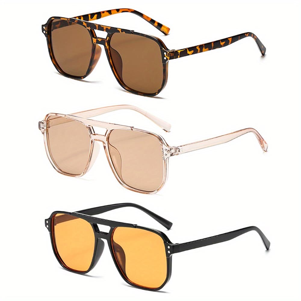 TEMU Women's Fashion Leopard Print Detail Double Beam Design Reflective Lens Pc Material Rectangular Plastic Glasses, Suitable For Daily Wear, Summer Festivals And Gifts (3pcs Set)