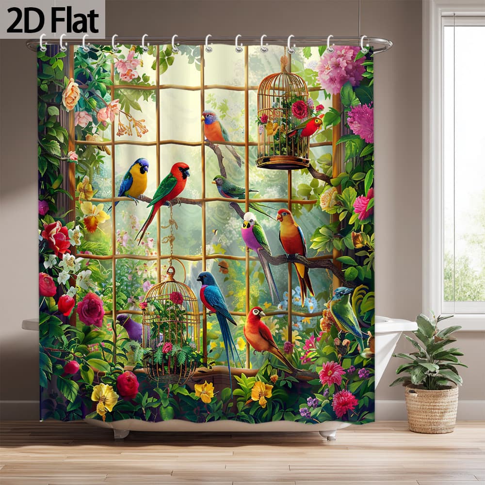 TEMU 2d Flat, 1pc 2d Flat Garden Shower Curtain, Vibrant Floral With Birds And Flowers, Bathroom Accessory, Holiday Decor Gift, 70.8x70.8 Inches, Includes 12 Hooks, 2d Flat
