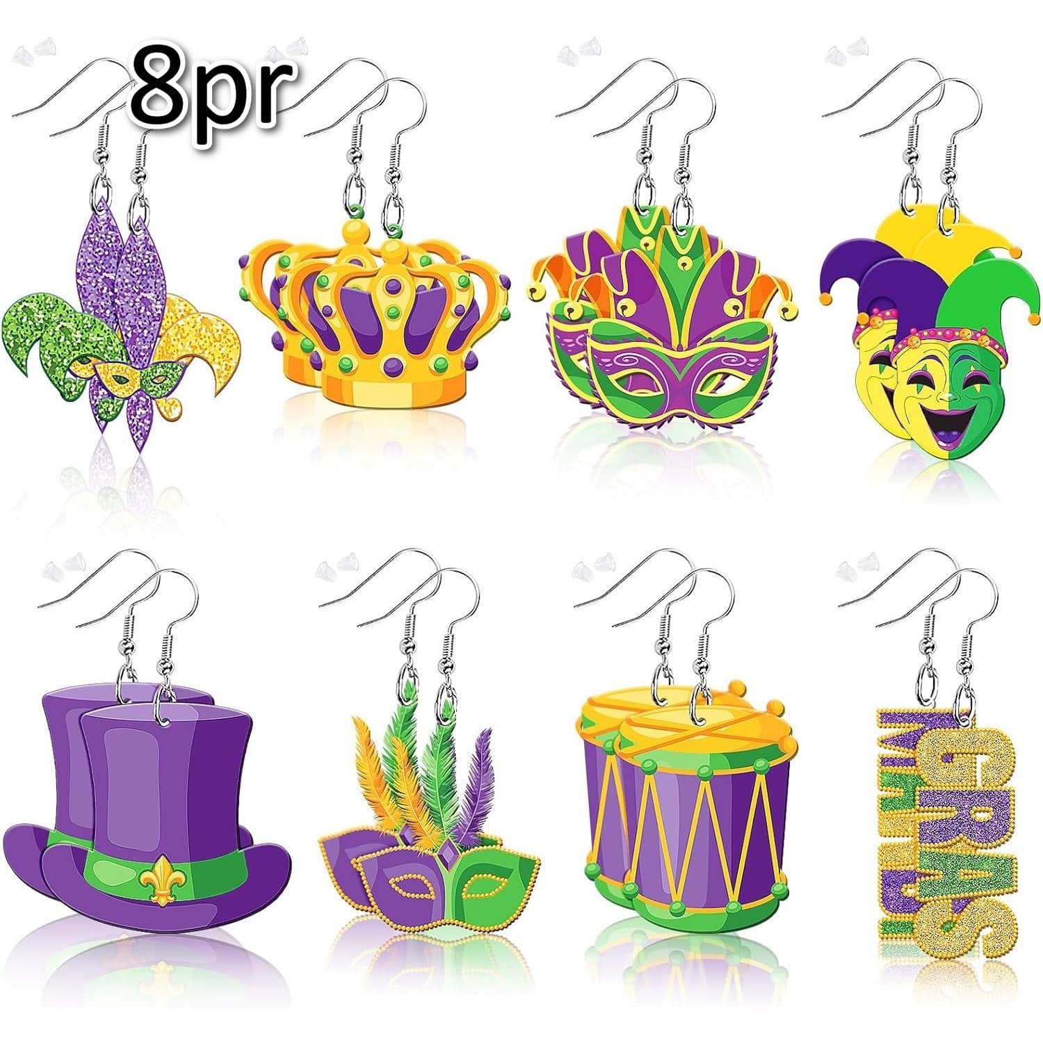TEMU 16pcs/8pr Pieces Mardi Gras Earrings For Women Suitable For - Crown Pendant Acrylic Jewelry, Lightweight Festive For Mardi Gras Parties, & Themed Events