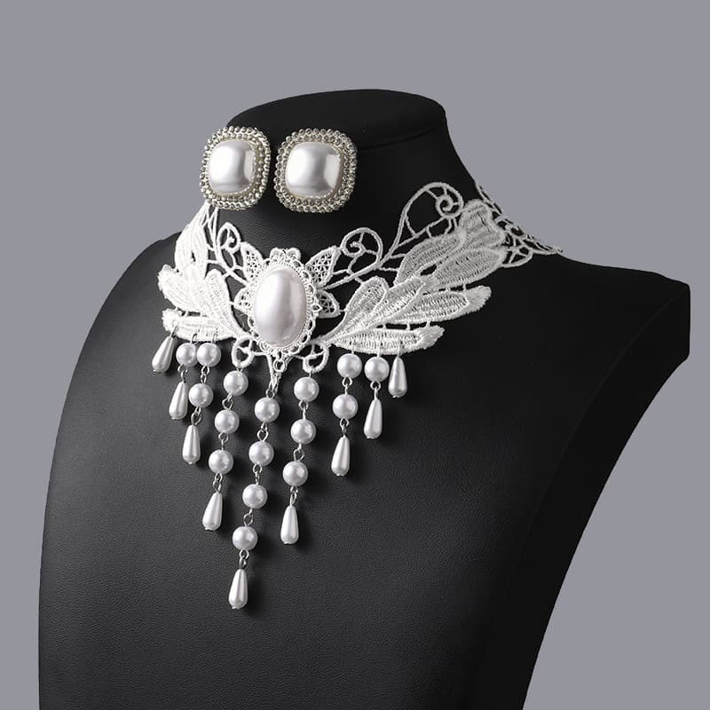 TEMU 3pcs Gothic Elegant White Necklace Earrings Women's Set, Sweet Lace Neck Tie Necklace Elegant Party Role Playing Stage Matching Jewelry Necklace, Women's Holiday Gift Dress Up
