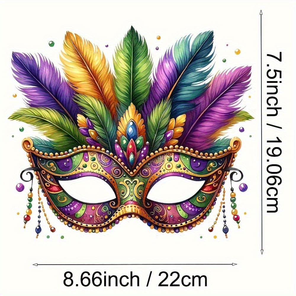 TEMU [ Feather Mask] Vibrant Polyester Feather Mask And Gemstone Bead Iron-on Transfer Applique | Colorful Heat Press Stickers For T-shirts, Jeans, Backpacks | Perfect For Clothing And Crafts
