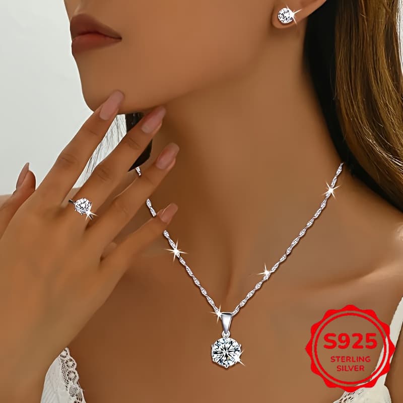 TEMU -piece 925 Silvery Moissanite Jewelry Set For Women Is Perfect For Weddings, Parties, And Daily Wear, Making It A Surprise For Christmas And .