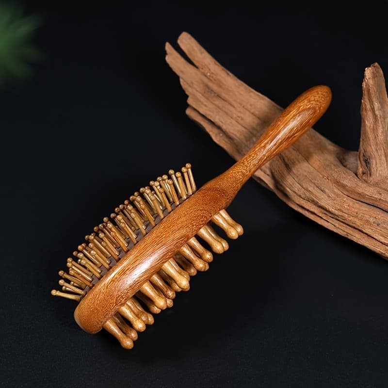 TEMU 1pc Double-sided Sandalwood Comb - Fashionable Anti-static Scalp Massage Brush With Round Bristles, Suitable For All Hair Types, Household And Hair | Fashionable Comb | Wooden Handle