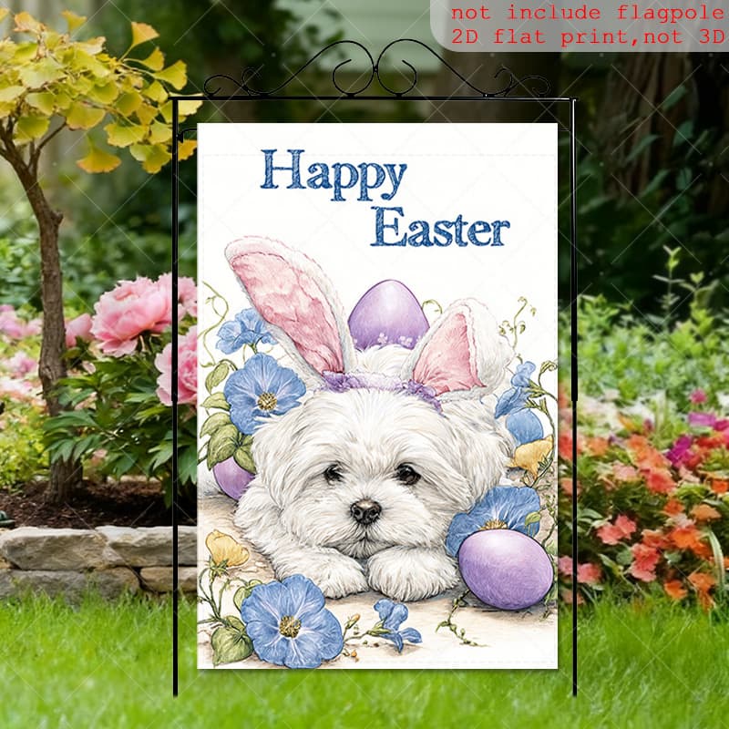 TEMU 2d Flat, 1pc 2d Flat Double-sided Garden Decoration Flag Whimsical Double Sided Garden Flag With Cute Maltese And Bunny Ears, Suitable For Decorating Patios, Front Doors, Or , 2d Flat