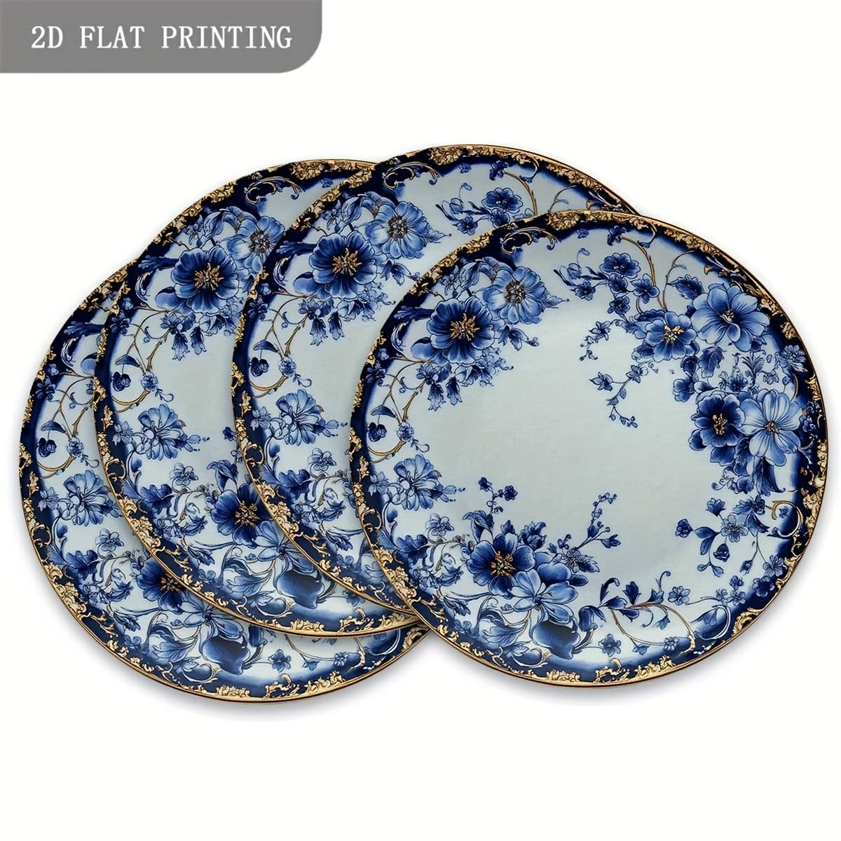 TEMU 4pcs Elegant Blue Floral & Round Placemats - Porcelain Table Mats Suitable For Dining, Weddings, Banquets - Heat-resistant Washable Tableware (hand Wash Only) 15" Round