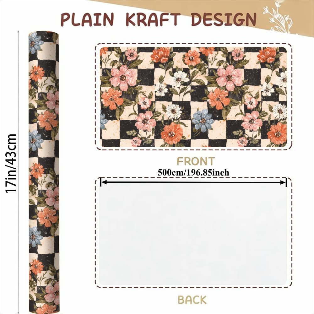 TEMU Vintage Floral Checkered Wrapping Paper Roll, Black And Beige Checkered, With Watercolor Flower Gift Wrapping Paper, Suitable For Birthdays, Wedding Showers, Vintage Gift Wrapping (17in X 197in)