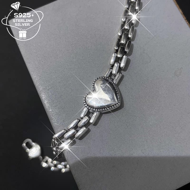 TEMU 925 Silver Heart Bracelet, Fashionable Thick Chain For Women - Perfect Gift For Couples, , Daily Wear, Beach Vacation, Thanksgiving, Christmas