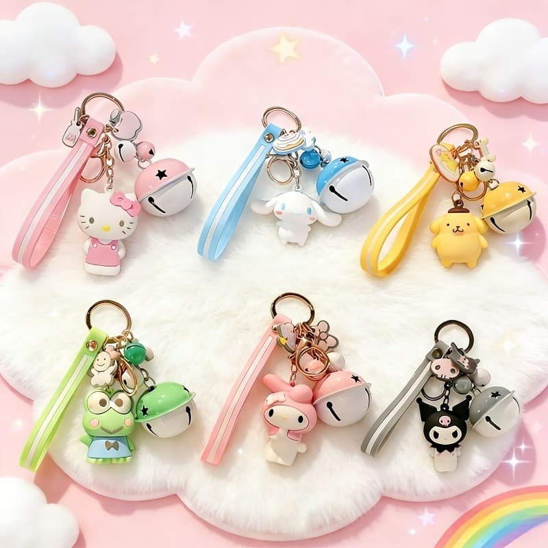 TEMU 12pcs Hello Kitty Dog Kuromi Melody Kuromi Keychain Pendant Key Ring Keychain Car , With Exquisite Bell Suitable As A Birthday Gift For Keychain Decoration