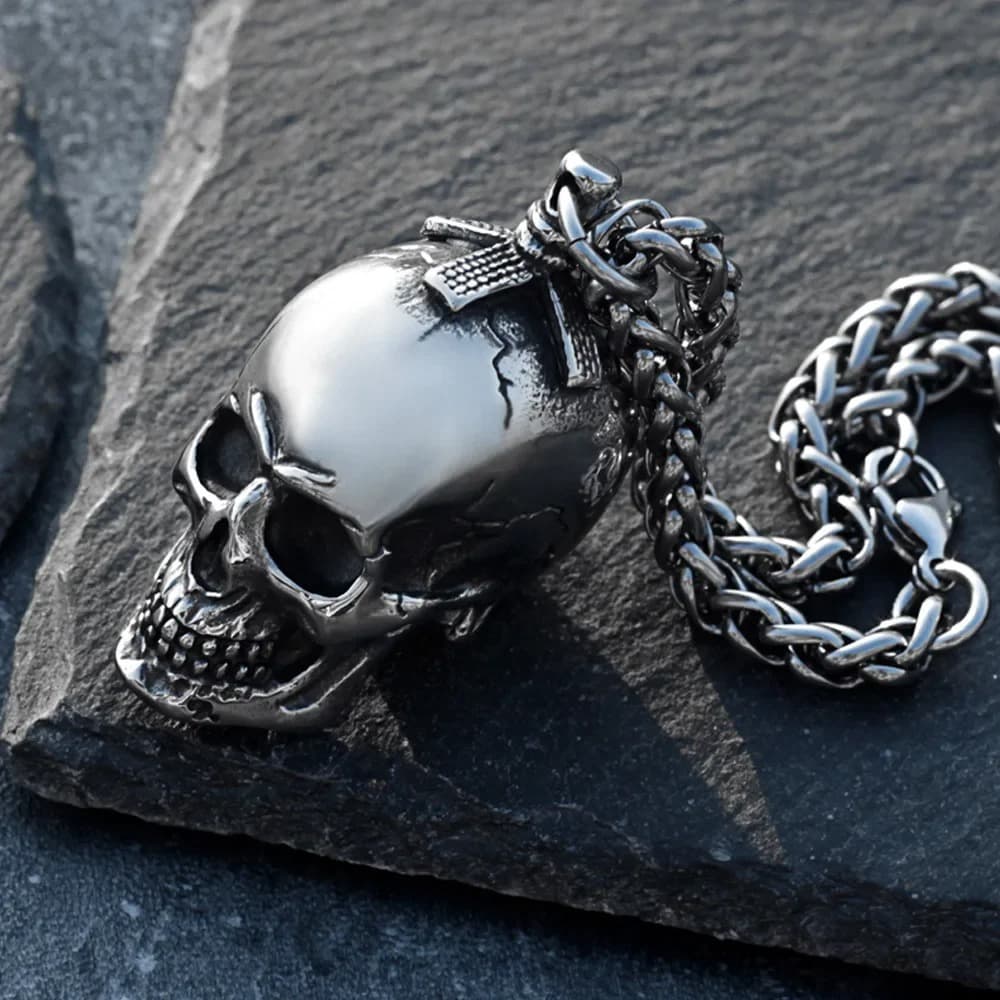 TEMU 1pc Rockiss Men's Gothic Skull Pendant Necklace - Heavy Metal Chain, Edgy Punk Jewelry For Halloween, Concerts, Everyday - Durable 316l Stainless Steel Necklace For Men, Goth Accessories