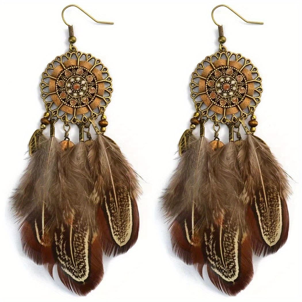 TEMU 2pcs In 1set 4.72in Extra Long Brown Bohemian Ethnic Feather Earrings, Suitable For Daily Wear And Party, High Quality Earrings, Best Gift