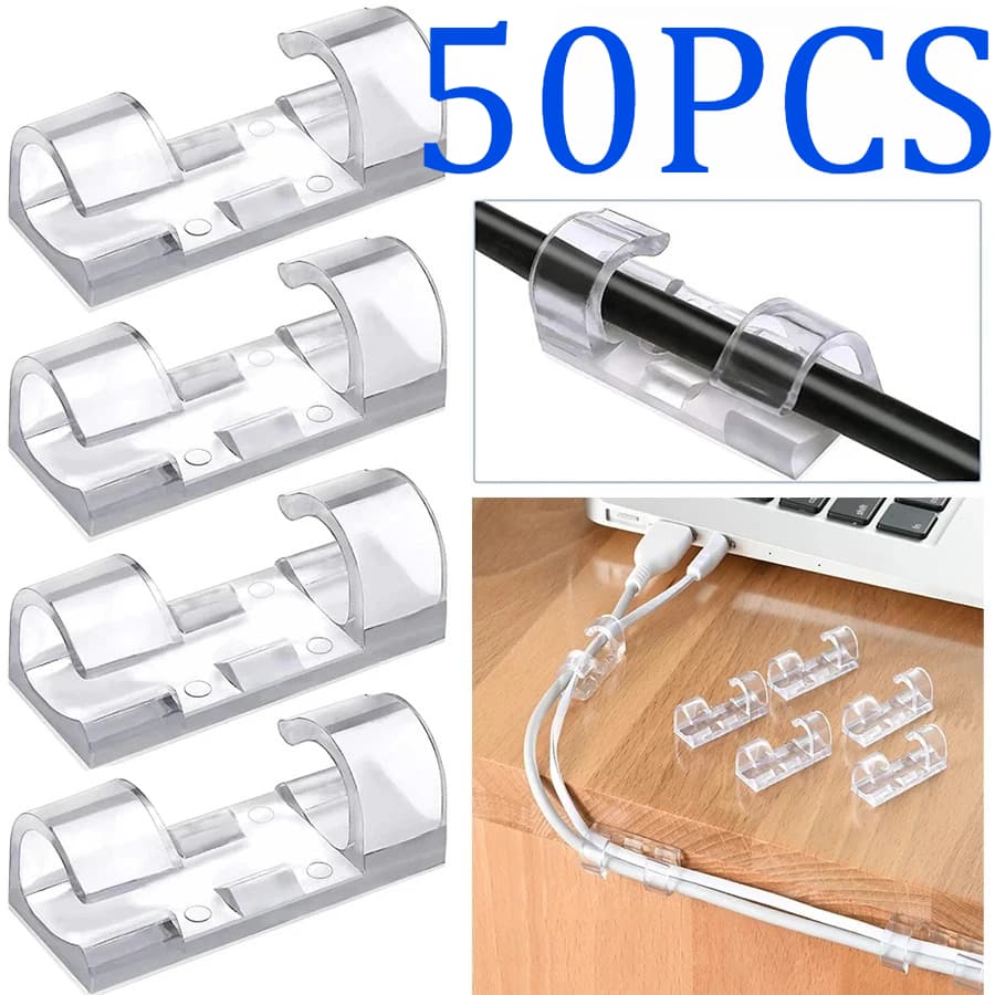 TEMU 50pcs High-efficiency Management Tool - Transparent Adhesive Cable Clips, Stick To Walls And Under Desks, Perfectly Organize Plastic Cables For A Neat And