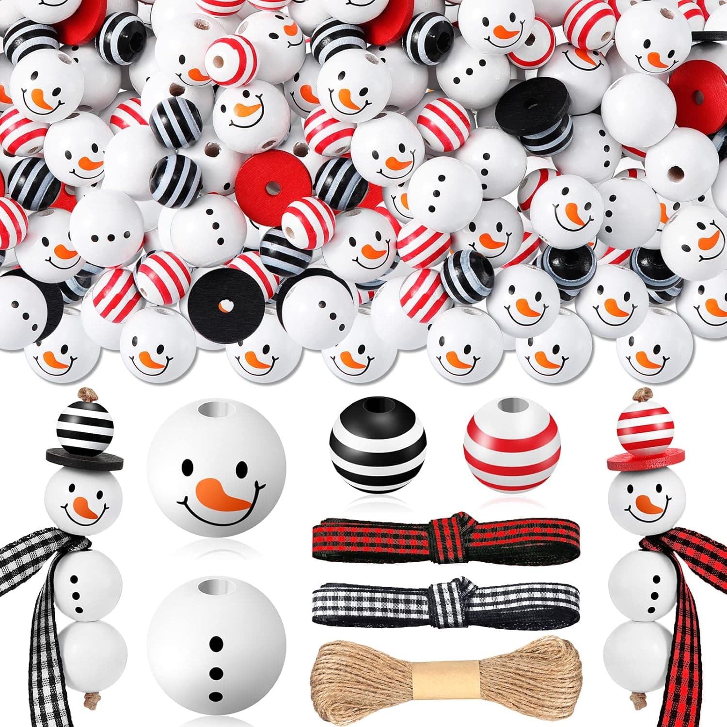 TEMU 100pcs Christmas Snowman Wooden Bead Craft Set, Christmas Beads, Winter Wooden Round Beads With Snowman Faces And Diy String Scarf Crafts