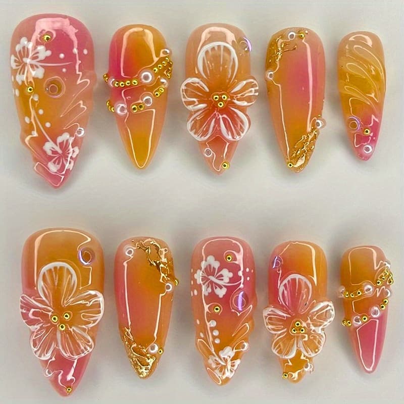 TEMU Nail Art Flower Press-on Nails, Versatile Detachable Nail Art With Rhinestones, 24pcs