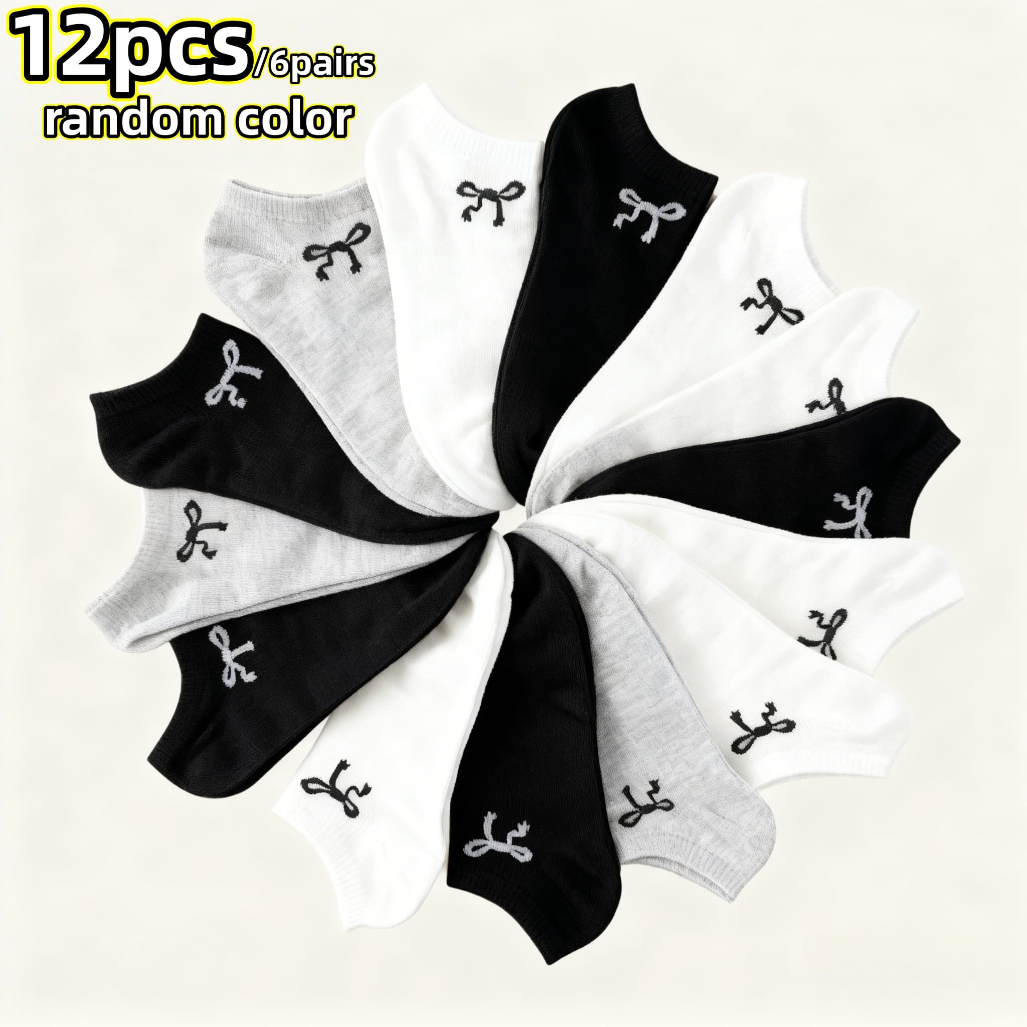 TEMU 12pcs/6pairs Random Color. Women's And Unisex Bow Short Socks - Breathable Spring Summer Invisible Compression Socks Suitable For, Wide Calf Fit, Loose Ankle, Classic Solid Colors (light Beige)