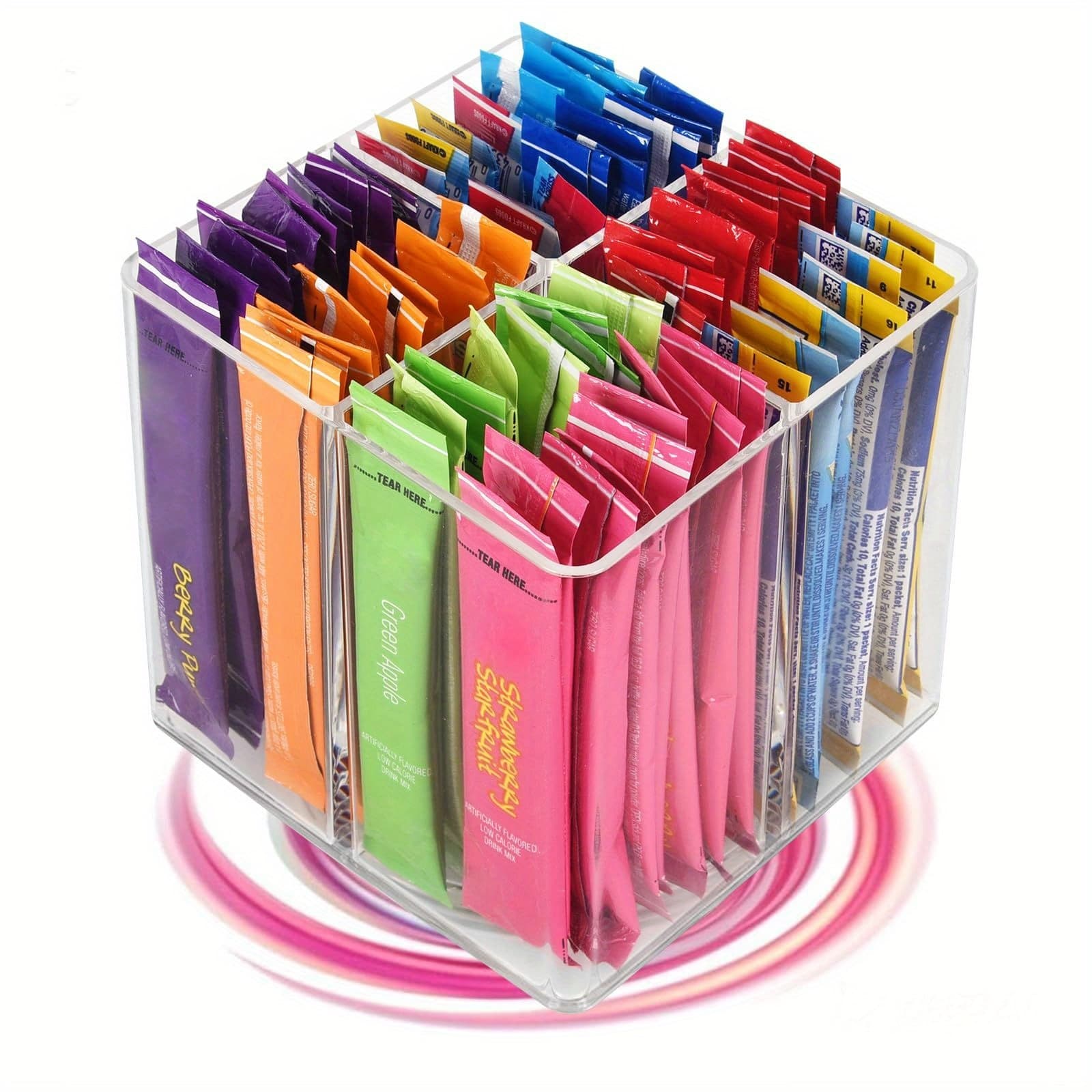 TEMU Square Rotating Storage Rack For Powdered Beverage Mixes/ Water Flavored Pouches/ Beverage Mixing Accessories Organizer