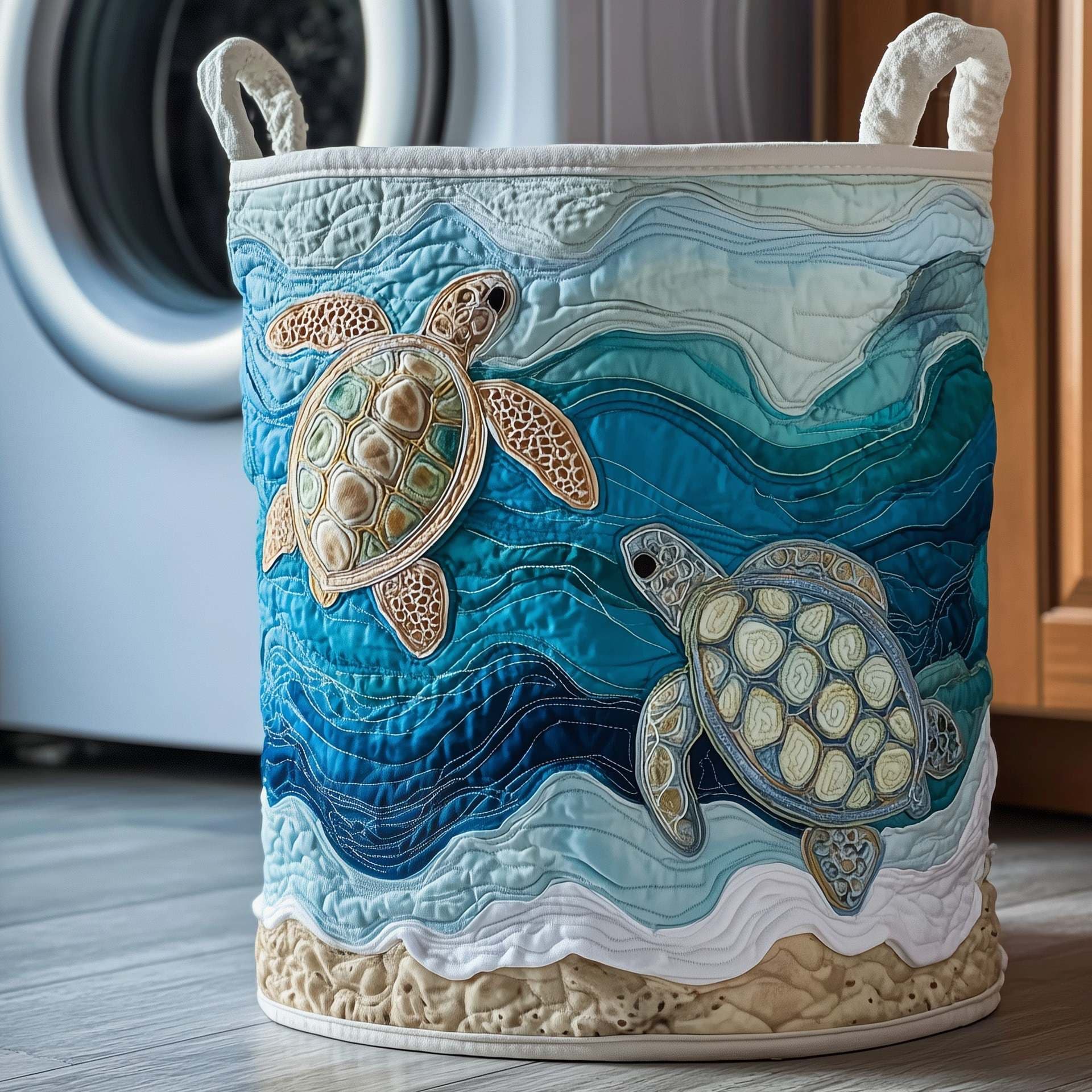 TEMU Ocean Turtle Quilted Laundry Basket, Printed Dirty Clothes Storage Basket, Large-capacity Fabric Storage Box With Handles, Storage Basket Suitable For Laundry Rooms And Bedrooms, Laundry Baskets
