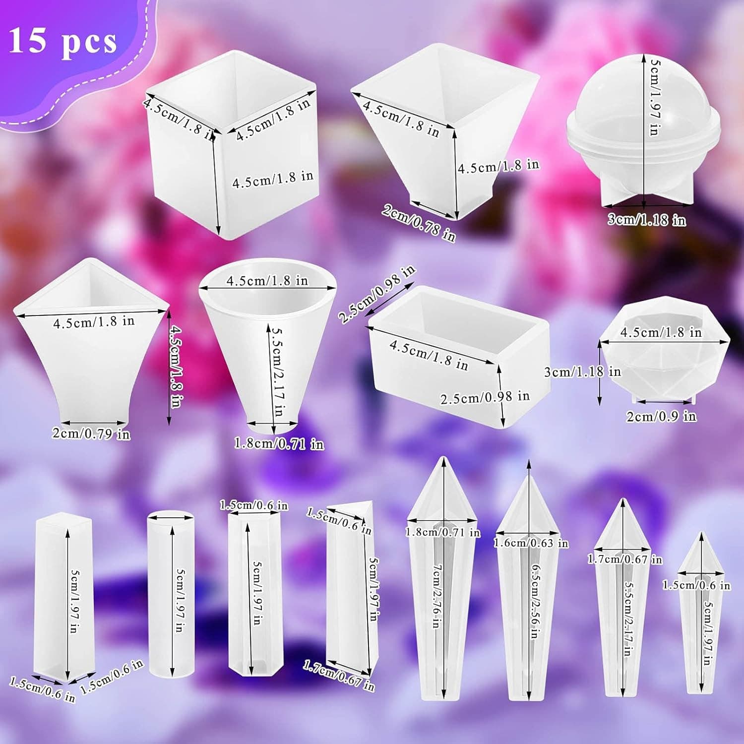 TEMU 15pcs Crystal Resin Molds Pendulum Silicone Crystal Molds Pyramid, Round Cone, Sphere, Triangular Cone, Multi- Gemstone Cube Resin Holder For Jewelry Making