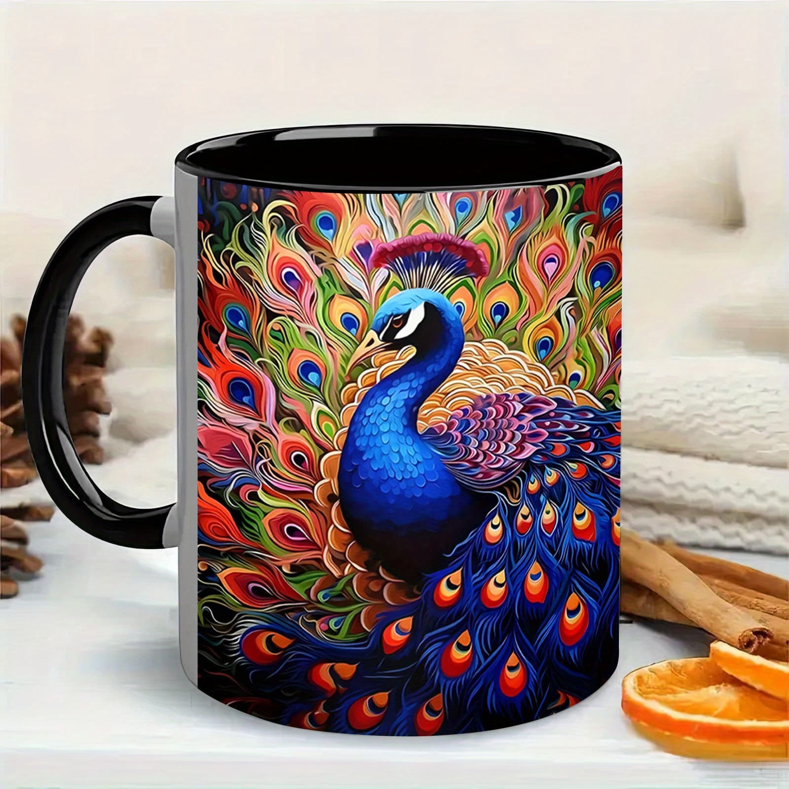 TEMU 1pc Vibrant Peacock 11oz Porcelain Mug - Elegant Cup, Hand Wash Only, Perfect Gift For Birthdays, Valentine's Day, Easter, All Use, Seasonal Drinkware | Peacock Artwork | Artistic , Peacock Decor