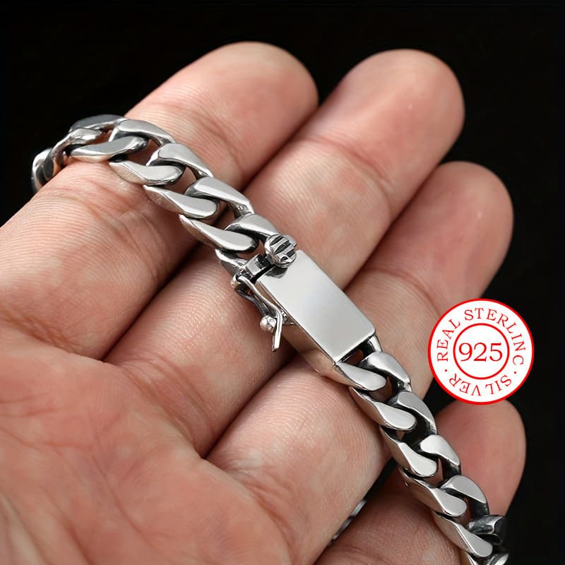 TEMU Luxurious Sterling Silver Cuban Chain Bracelet - Durable, Fashionable, And Jewelry Piece For Any Occasion - Retro-inspired, High-quality, And Long-lasting Accessory