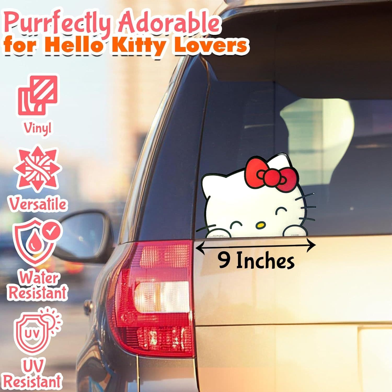 TEMU Authorized Hello Kitty Vehicle Decal - 9-inch Waterproof Sticker For Automobiles, Bumpers, Laptops, Party Gifts, And Gift Bags - Adorable Cartoon Vinyl Stickers For Girls And Enthusiasts