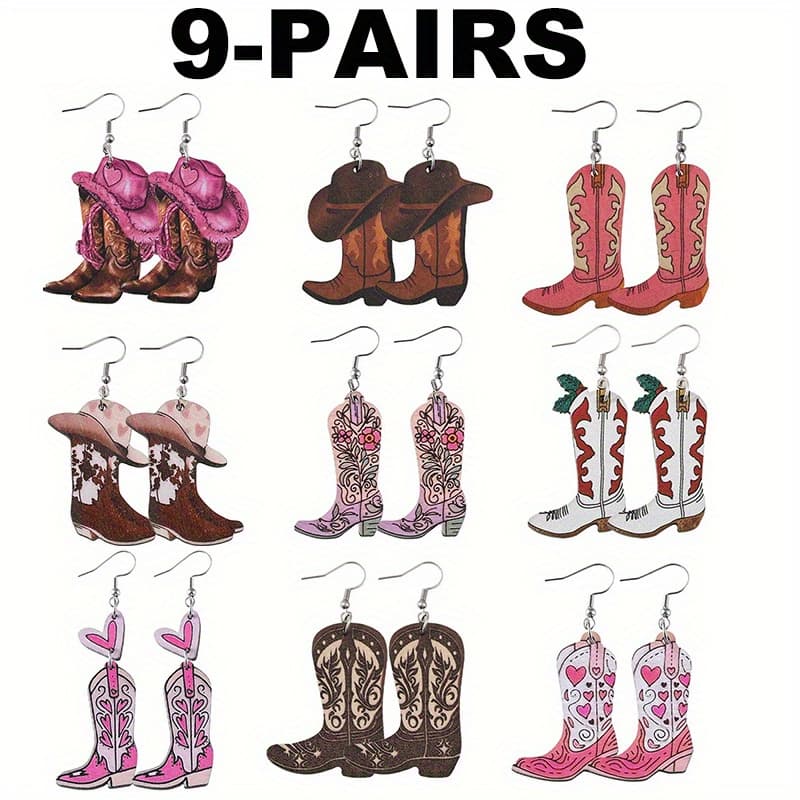 TEMU 9 Pairs Of Handmade Western Style Cow Pattern Cowboy Hat And Cowboy Boot Pendant Earrings, Ladies Vintage Wooden Double Sided Western Cowboy Earrings Gift