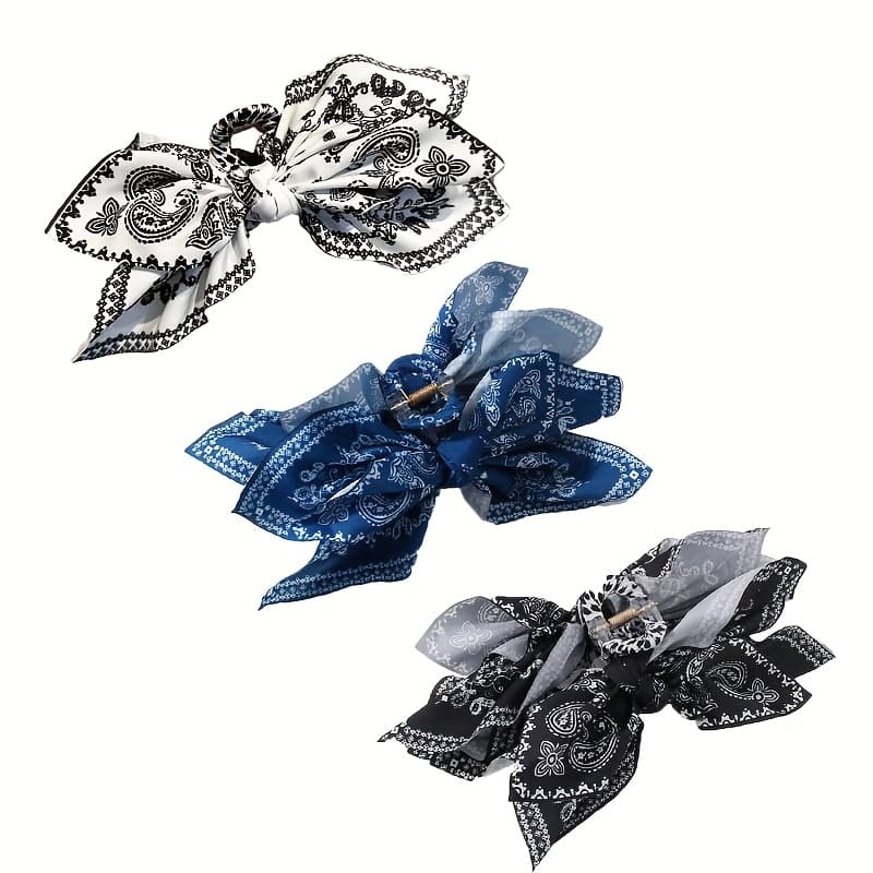 TEMU 3-pack Bohemian Hair Claw Clips- Large Nut Bow-shaped Hair Clips, Blue And Black, White, Decorative Hair Additions, Suitable For Women And, French Vacation Hair Ornaments
