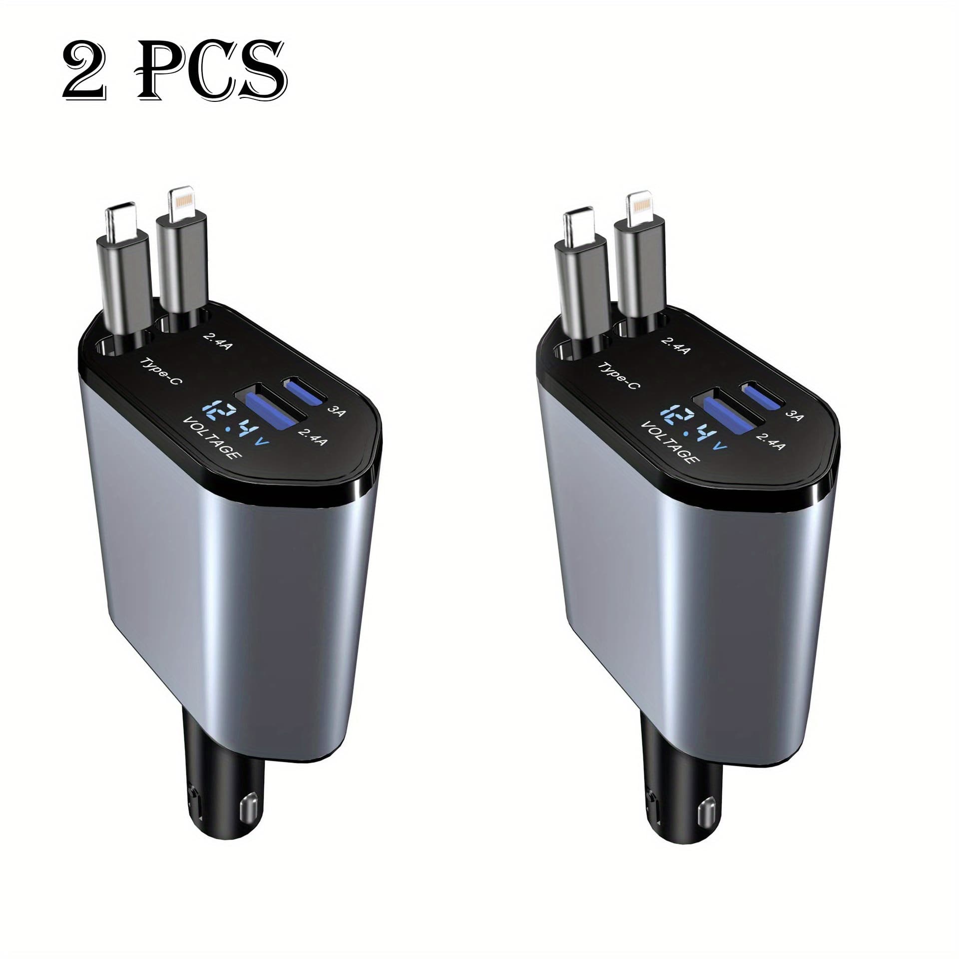 TEMU 2pcs 100w 4in 1 Fast Charging Car Charging Cable 4 Retractable Car Charger Adapter Compatible With /15/14/13/12/11 Pixel And All Ios And Car Plug