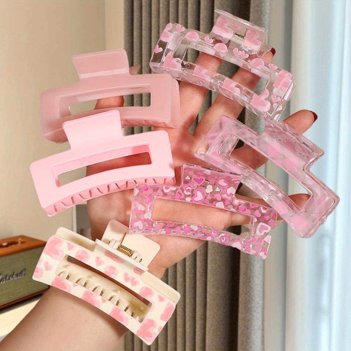 TEMU Sweet High-end Versatile Large Pink White Sweet Rectangular Square Hair Claw Clip, , Ladies Hair , Suitable For Thick Hair | Fine Head Hair
