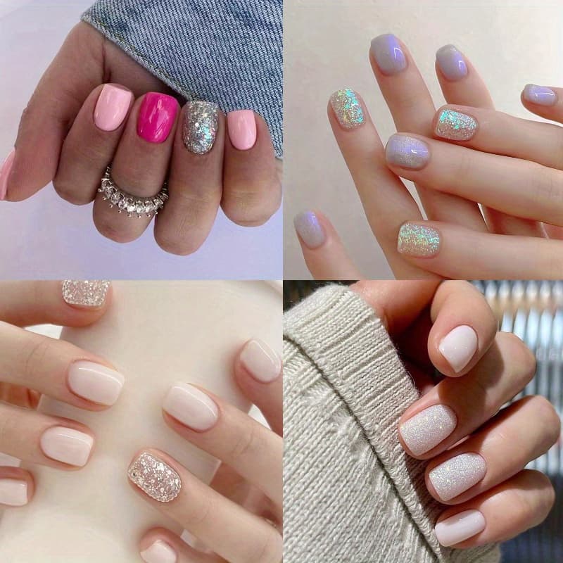 TEMU 96pcs Set Of Short Square Solid Color Fake Nails Glitter Design, A Set Of Reusable Fake Nails With Adhesive Labels, Nail Files, And Artificial Nail Glue