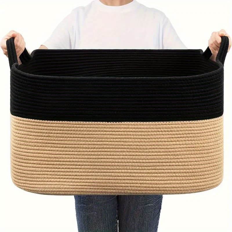 TEMU 1pc Large Blanket Basket Rectangle Baskets For Storage Laundry Basket For Living Room Basket With Handle, Laundry Baskets